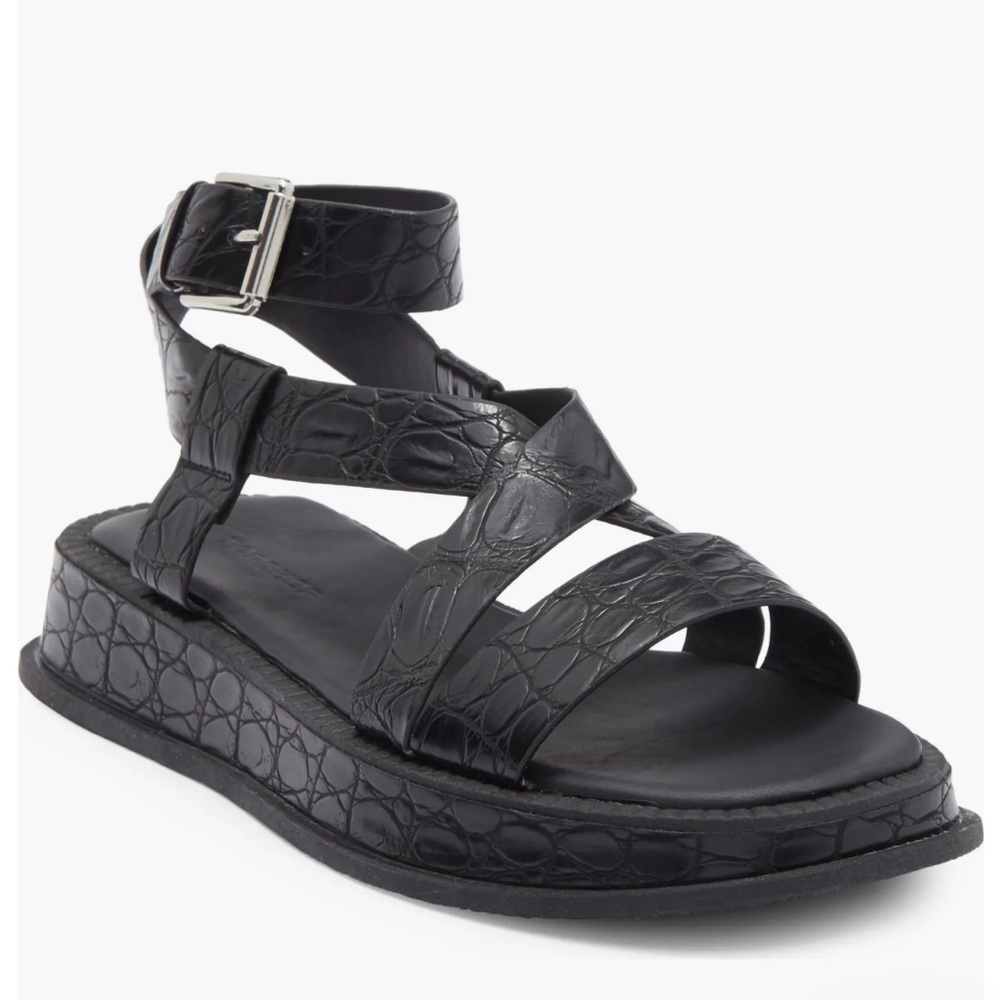 Black Croc-Embossed Leather Ankle-Strap Sandal